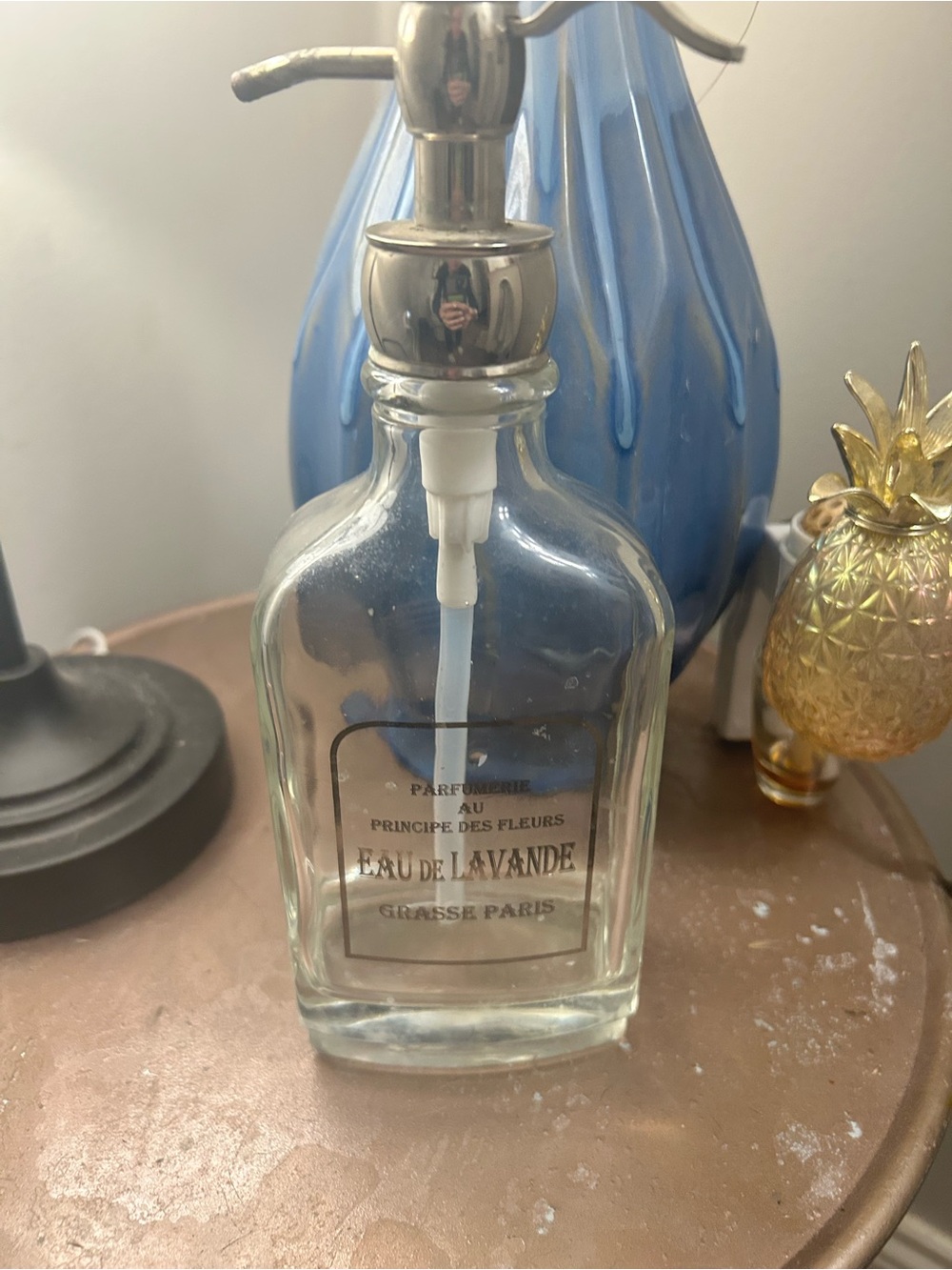 Vintage Parisian Eau de Lavande Glass Soap Dispenser with Silver Pump